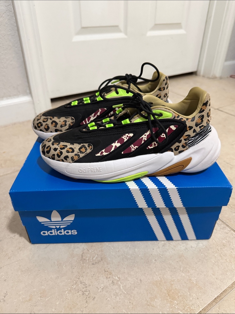 adidas Kids Leopard Print Sneakers with Neon Green Accents